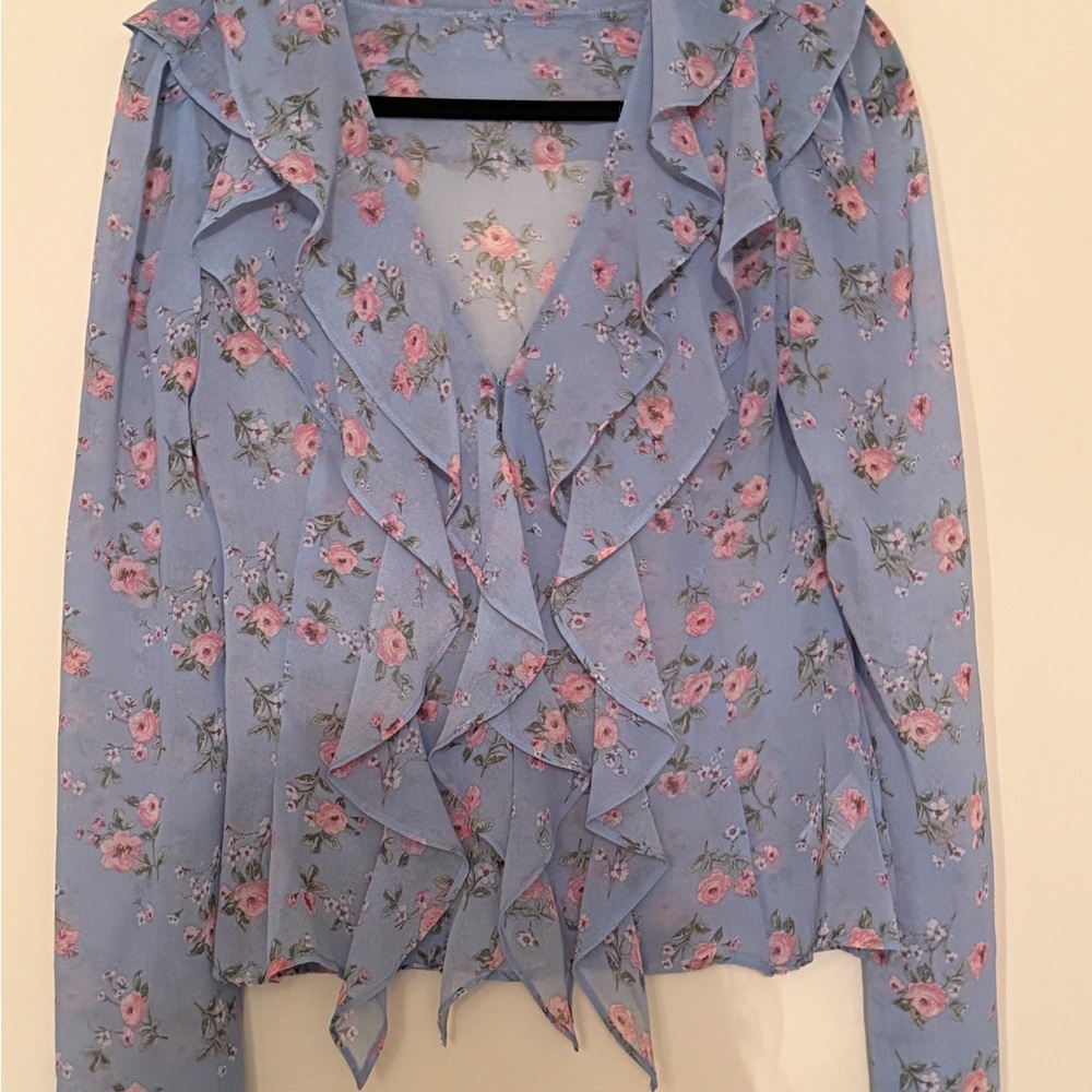 Feminine sheer ruffled blouse blue with pink roses